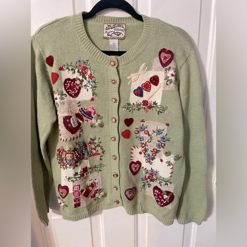 Women’s size small, embroidered, Valentine’s Day sweater, sage green